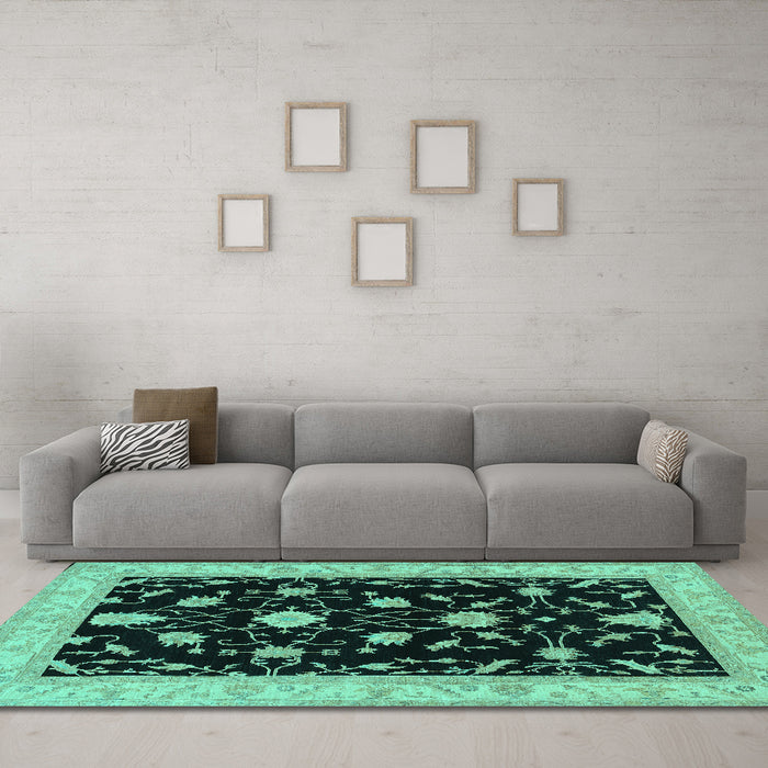 Machine Washable Persian Turquoise Traditional Area Rugs in a Living Room,, wshtr1509turq