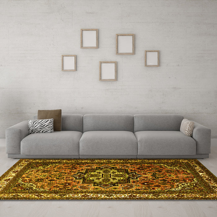 Machine Washable Medallion Yellow Traditional Rug in a Living Room, wshtr1510yw