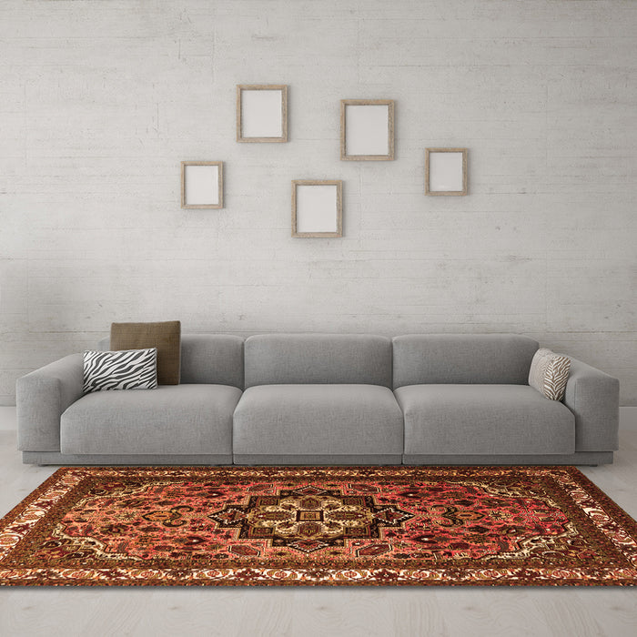 Machine Washable Medallion Orange Traditional Area Rugs in a Living Room, wshtr1510org