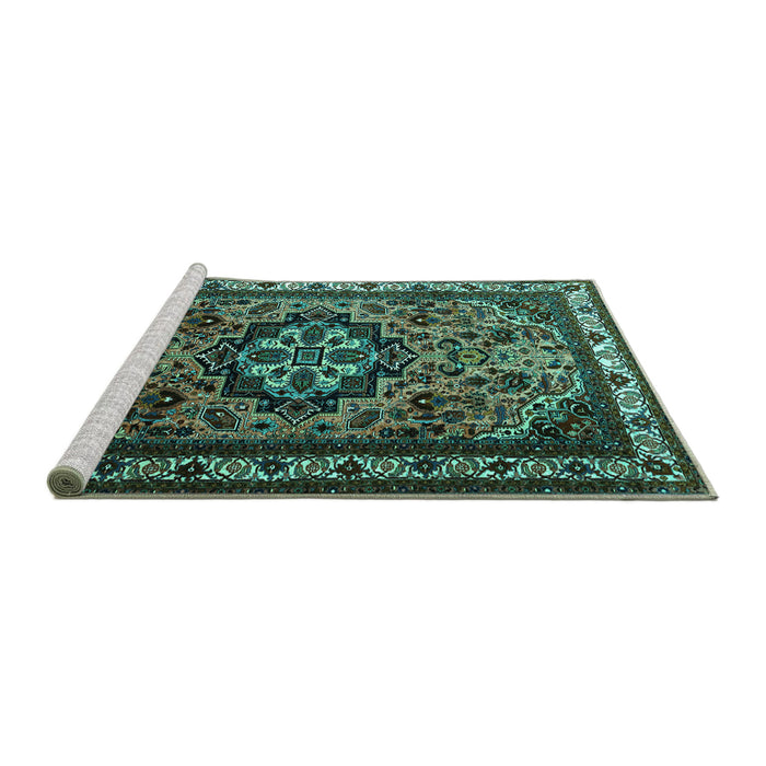 Sideview of Machine Washable Medallion Turquoise Traditional Area Rugs, wshtr1510turq