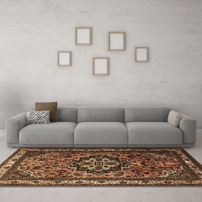 Machine Washable Medallion Brown Traditional Rug in a Living Room,, wshtr1510brn