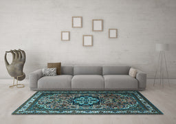 Machine Washable Medallion Light Blue Traditional Rug in a Living Room, wshtr1510lblu