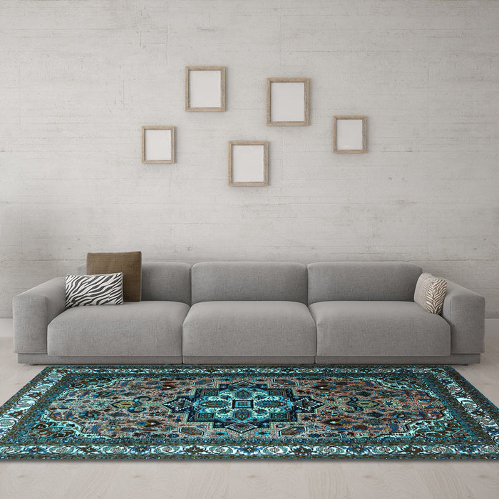 Machine Washable Medallion Light Blue Traditional Rug in a Living Room, wshtr1510lblu