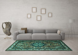 Machine Washable Medallion Turquoise Traditional Area Rugs in a Living Room,, wshtr1510turq