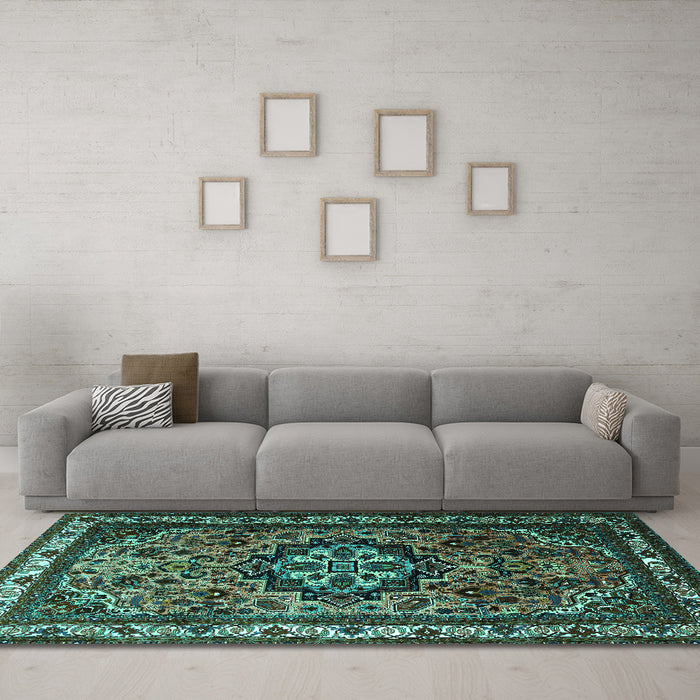 Machine Washable Medallion Turquoise Traditional Area Rugs in a Living Room,, wshtr1510turq