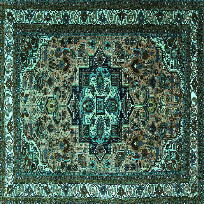 Square Machine Washable Medallion Turquoise Traditional Area Rugs, wshtr1510turq