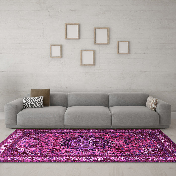 Machine Washable Medallion Pink Traditional Rug in a Living Room, wshtr1510pnk