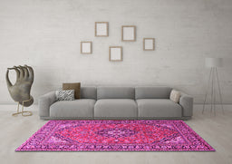 Machine Washable Medallion Pink Traditional Rug in a Living Room, wshtr1511pnk