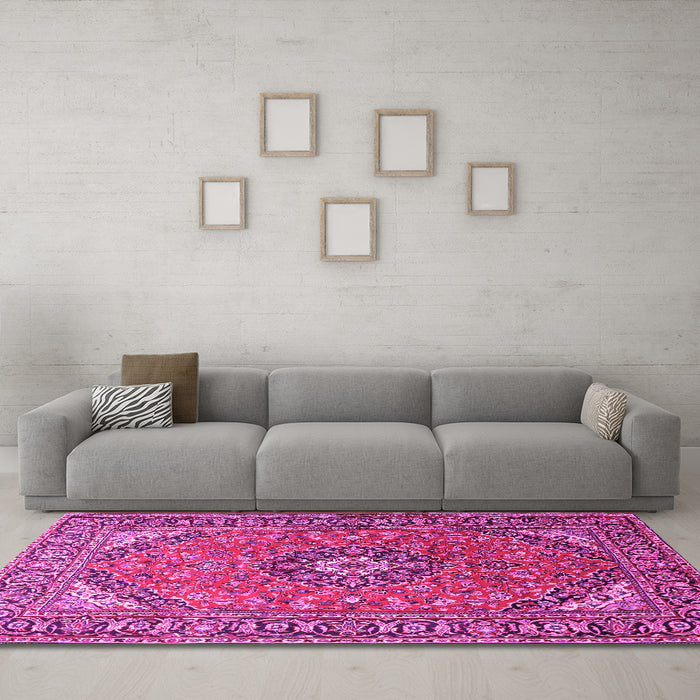 Machine Washable Medallion Pink Traditional Rug in a Living Room, wshtr1511pnk