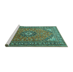Sideview of Machine Washable Medallion Turquoise Traditional Area Rugs, wshtr1511turq