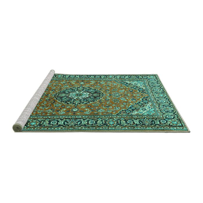 Sideview of Machine Washable Medallion Turquoise Traditional Area Rugs, wshtr1511turq