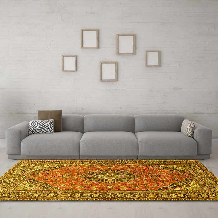 Machine Washable Medallion Yellow Traditional Rug in a Living Room, wshtr1511yw