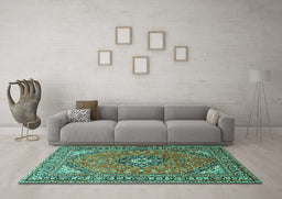 Machine Washable Medallion Turquoise Traditional Area Rugs in a Living Room,, wshtr1511turq
