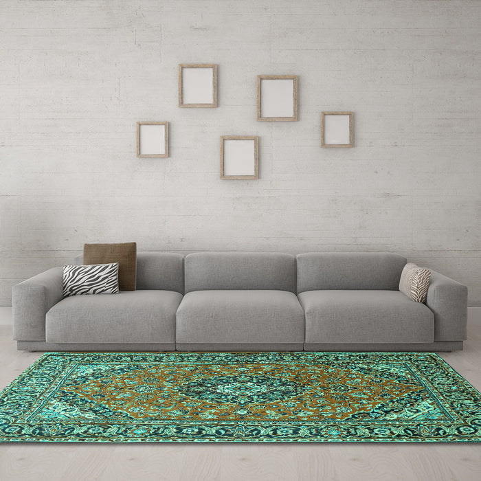Machine Washable Medallion Turquoise Traditional Area Rugs in a Living Room,, wshtr1511turq