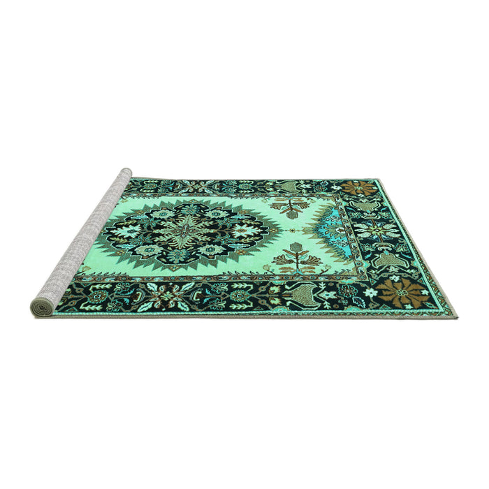 Sideview of Machine Washable Persian Turquoise Traditional Area Rugs, wshtr1512turq
