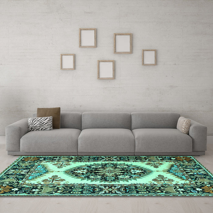 Machine Washable Persian Turquoise Traditional Area Rugs in a Living Room,, wshtr1512turq