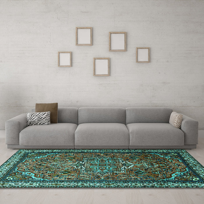Machine Washable Medallion Turquoise Traditional Area Rugs in a Living Room,, wshtr1514turq