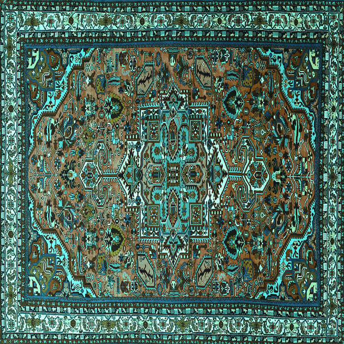 Square Machine Washable Medallion Turquoise Traditional Area Rugs, wshtr1514turq