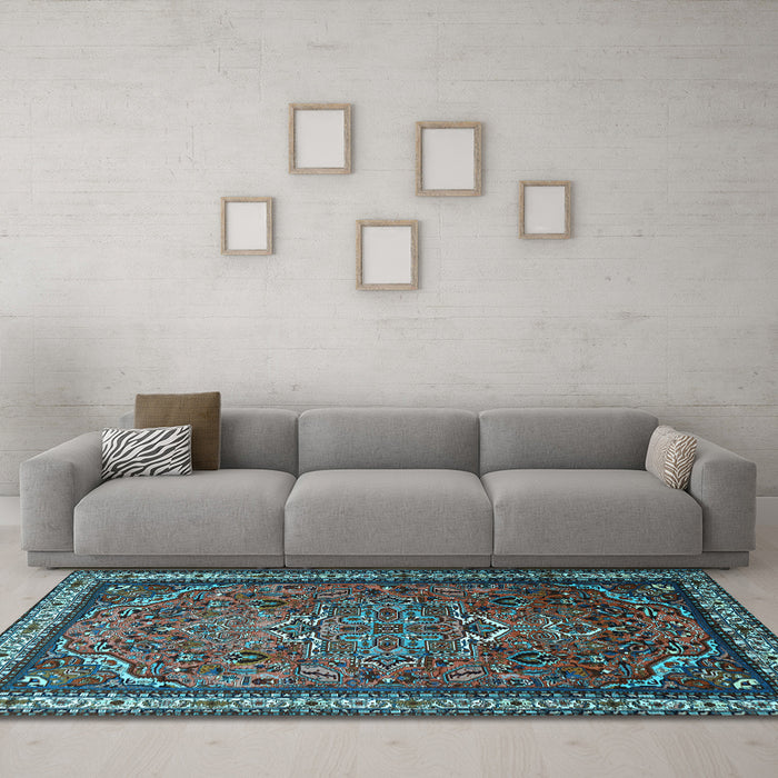 Machine Washable Medallion Light Blue Traditional Rug in a Living Room, wshtr1514lblu