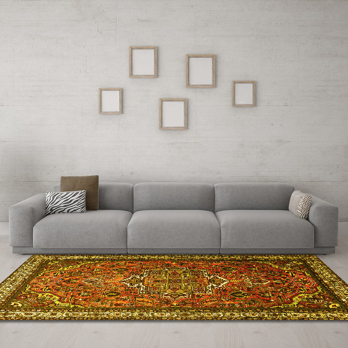 Machine Washable Medallion Yellow Traditional Rug in a Living Room, wshtr1514yw