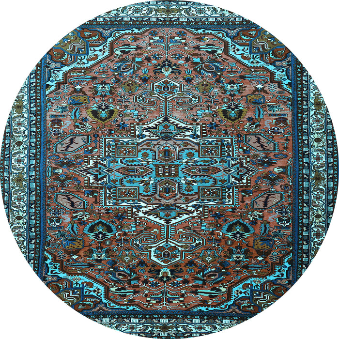 Round Machine Washable Medallion Light Blue Traditional Rug, wshtr1514lblu