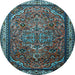 Round Machine Washable Medallion Light Blue Traditional Rug, wshtr1514lblu