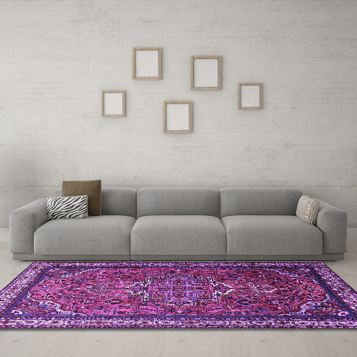 Machine Washable Medallion Purple Traditional Area Rugs in a Living Room, wshtr1514pur