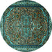 Round Machine Washable Medallion Turquoise Traditional Area Rugs, wshtr1514turq