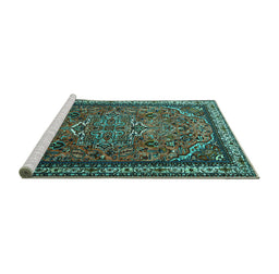 Sideview of Machine Washable Medallion Turquoise Traditional Area Rugs, wshtr1514turq