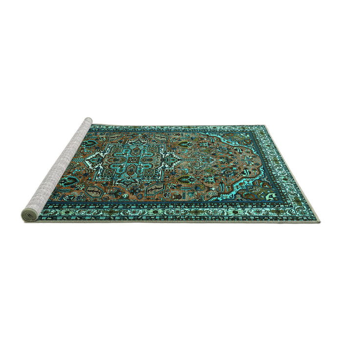 Sideview of Machine Washable Medallion Turquoise Traditional Area Rugs, wshtr1514turq