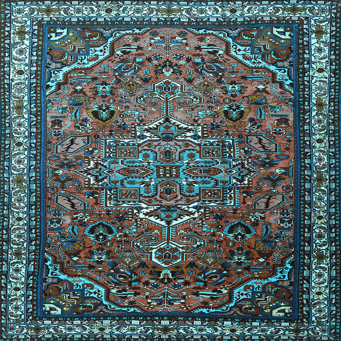 Square Machine Washable Medallion Light Blue Traditional Rug, wshtr1514lblu