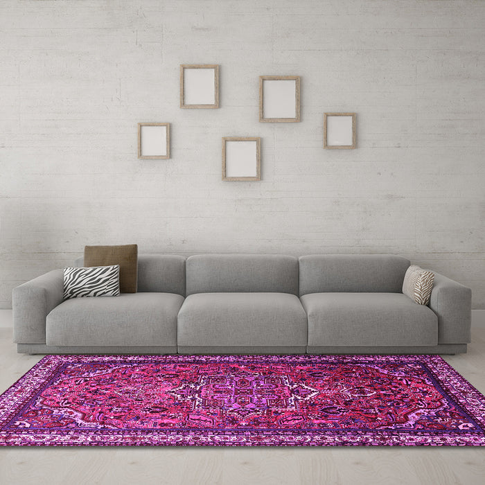 Machine Washable Medallion Pink Traditional Rug in a Living Room, wshtr1514pnk