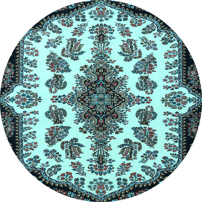 Round Machine Washable Medallion Light Blue Traditional Rug, wshtr1515lblu
