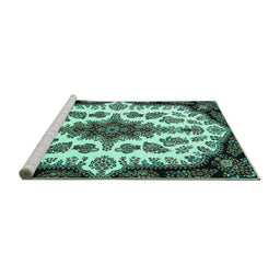 Sideview of Machine Washable Medallion Turquoise Traditional Area Rugs, wshtr1515turq