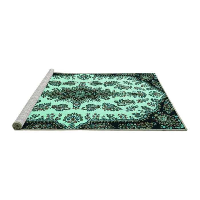 Sideview of Machine Washable Medallion Turquoise Traditional Area Rugs, wshtr1515turq