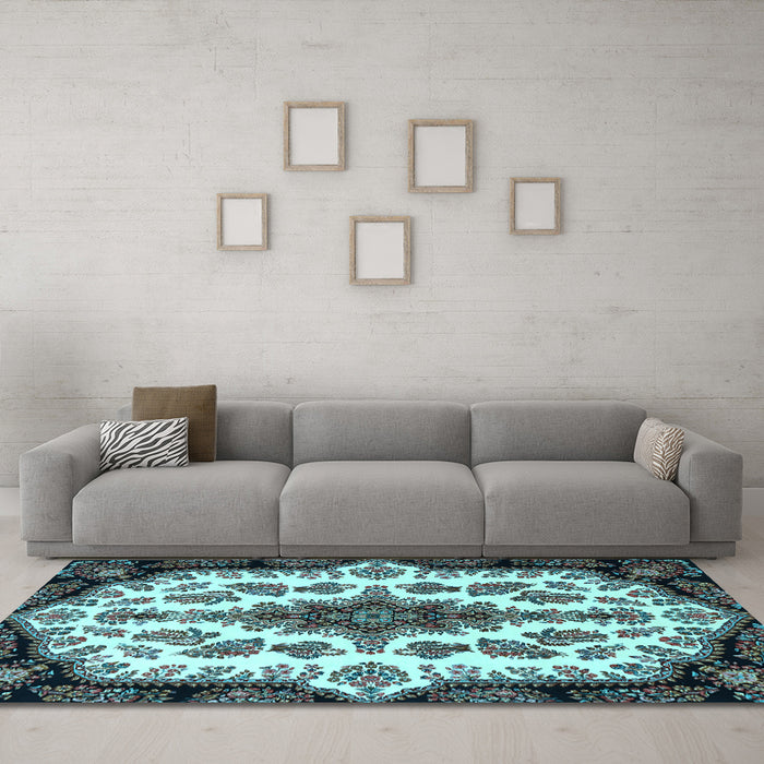 Machine Washable Medallion Light Blue Traditional Rug in a Living Room, wshtr1515lblu