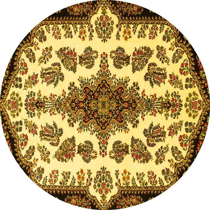 Round Machine Washable Medallion Yellow Traditional Rug, wshtr1515yw