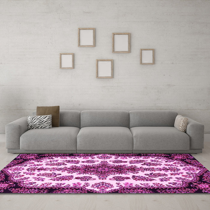 Machine Washable Medallion Pink Traditional Rug in a Living Room, wshtr1515pnk