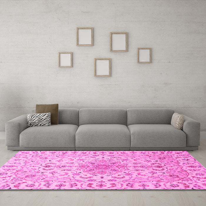 Machine Washable Medallion Pink Traditional Rug in a Living Room, wshtr1516pnk