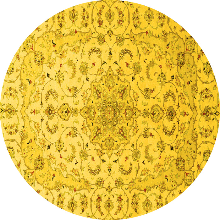 Round Machine Washable Medallion Yellow Traditional Rug, wshtr1516yw