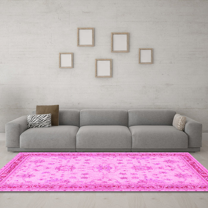 Machine Washable Oriental Pink Traditional Rug in a Living Room, wshtr1517pnk