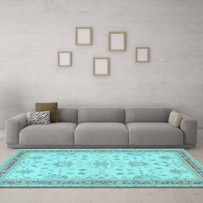 Machine Washable Oriental Light Blue Traditional Rug in a Living Room, wshtr1517lblu