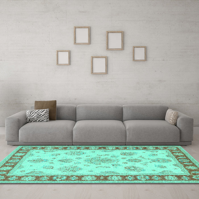 Machine Washable Oriental Turquoise Traditional Area Rugs in a Living Room,, wshtr1518turq