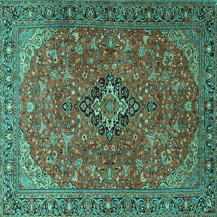 Square Machine Washable Medallion Turquoise Traditional Area Rugs, wshtr1519turq