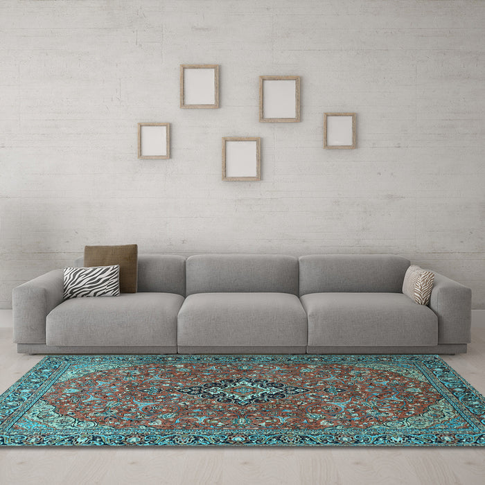 Machine Washable Medallion Light Blue Traditional Rug in a Living Room, wshtr1519lblu