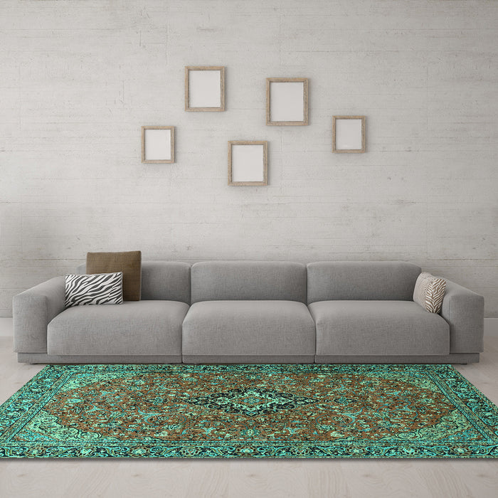 Machine Washable Medallion Turquoise Traditional Area Rugs in a Living Room,, wshtr1519turq