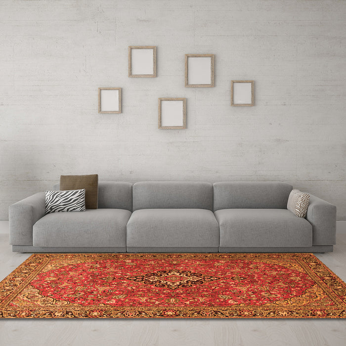 Machine Washable Medallion Orange Traditional Area Rugs in a Living Room, wshtr1519org