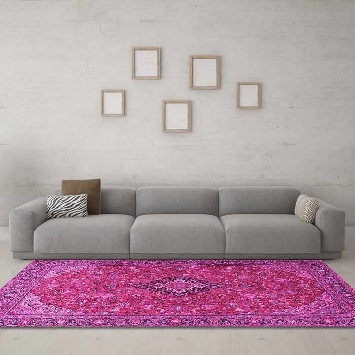 Machine Washable Medallion Pink Traditional Rug in a Living Room, wshtr1519pnk