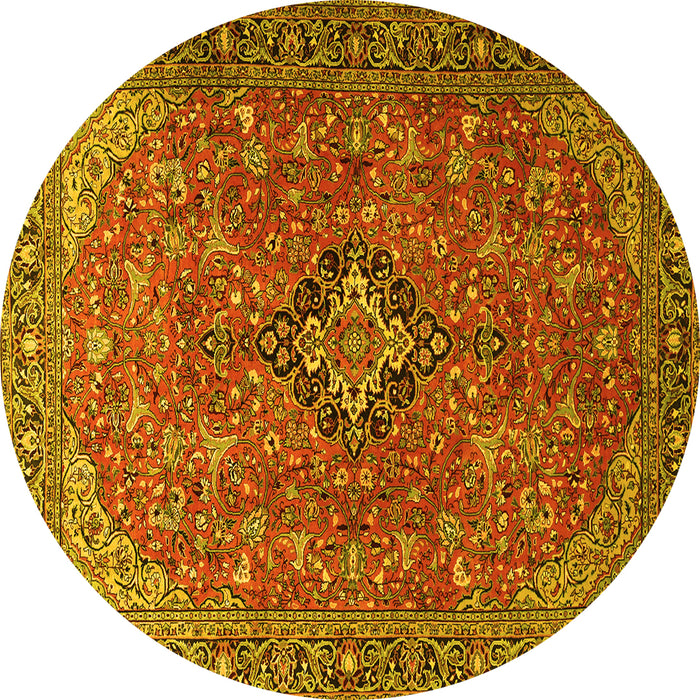 Round Machine Washable Medallion Yellow Traditional Rug, wshtr1519yw