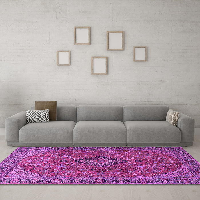 Machine Washable Medallion Purple Traditional Area Rugs in a Living Room, wshtr1519pur